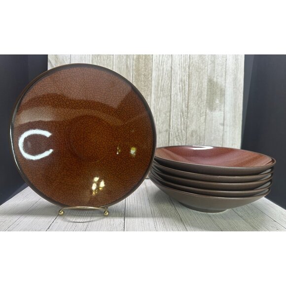 Vtg Mikasa Desert Breeze Brown Crackle Stoneware Soup Bowls MK132 8 5/8” Set 6 - Picture 1 of 9